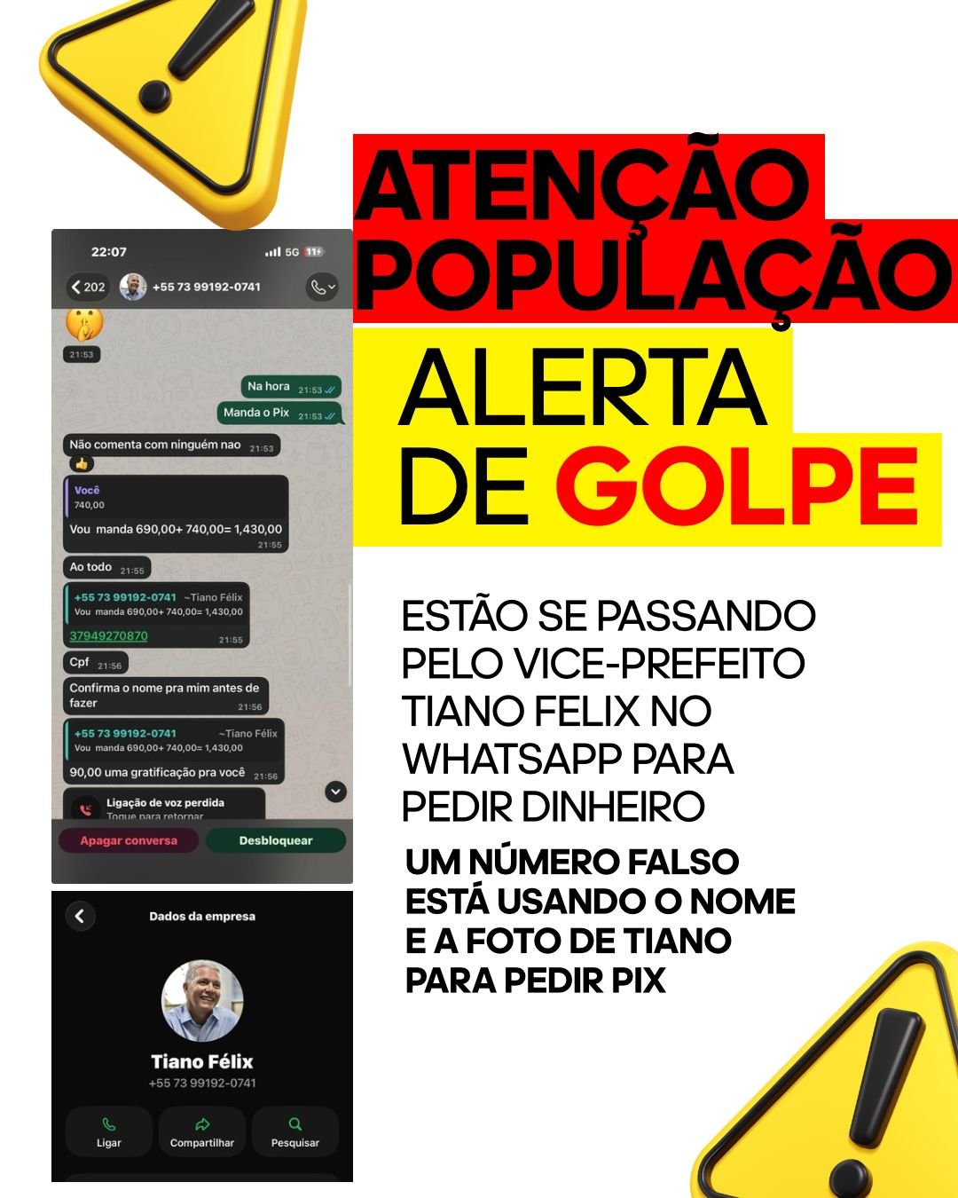 Golpistas se passam pelo vice-prefeito de Juazeiro (BA) Tiano Félix para aplicar fraude via WhatsApp